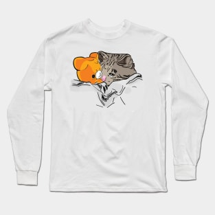 Sad Kitten Cat Crying bed with Teddy Meme Long Sleeve T-Shirt